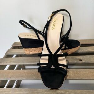 Prada Black Cork Wedge Sandals